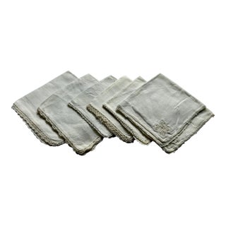 Vintage Assorted Set of 6 Embroidered Off White Linen Cocktail Napkins For Sale