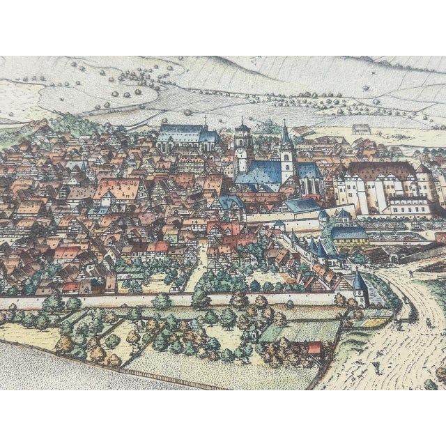 Jonathan Sauter, After Jonathan Sauter, View of Stuttgart in 1592, Colored Copperplate Engraving, 1960s, Framed, in...