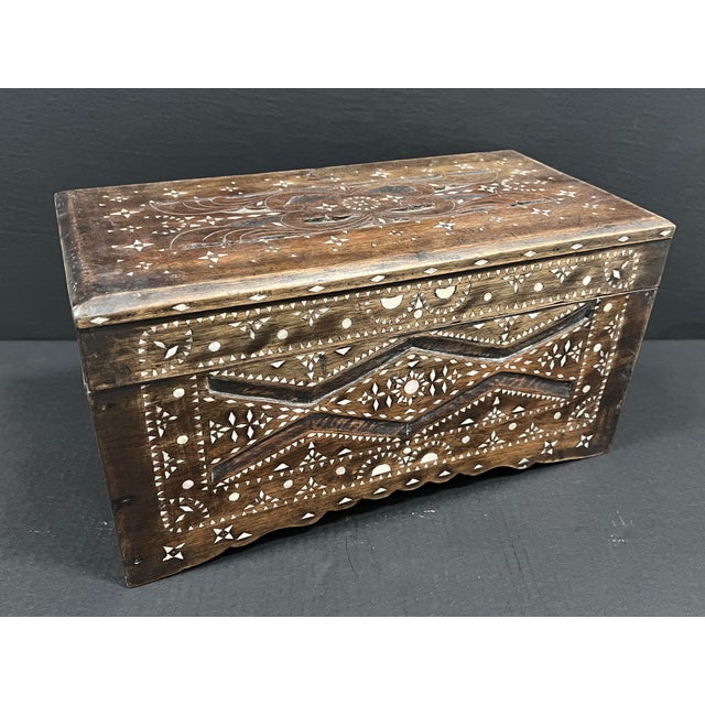 Islamic Vintage Mother of Pearl Inlay Wooden Small Box Trunk For Sale - Image 3 of 12