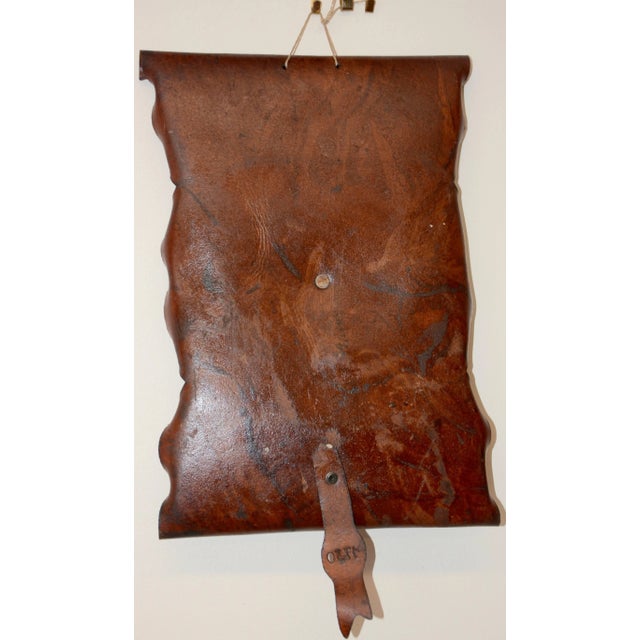 1960s Vintage Bronze Shield on Rustic Leather Scroll Wall Hanging For Sale - Image 5 of 10