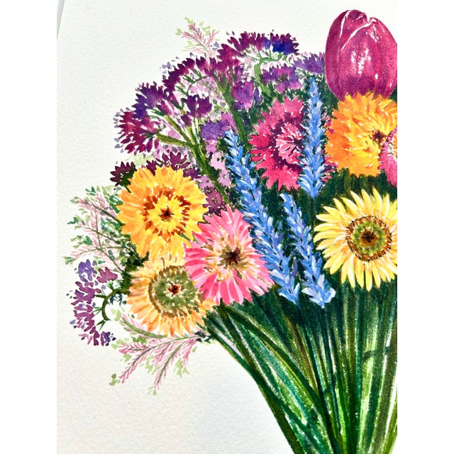 Shabby Chic Watercolor Painting Original “Strawflower Bouquet” Framed For Sale - Image 3 of 10