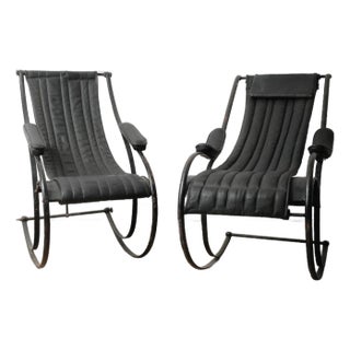 Pair of Circa 1850 Peter Cooper Rocking Chairs for r.w. Winfield in Black Leather and Iron For Sale