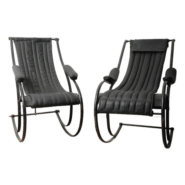 Pair of Circa 1850 Peter Cooper Rocking Chairs for r.w. Winfield in Black Leather and Iron For Sale