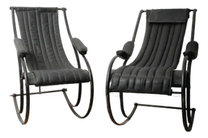 Pair of Circa 1850 Peter Cooper Rocking Chairs for r.w. Winfield in Black Leather and Iron