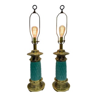 Mid 20th Century Hollywood Regency Turquoise Ceramic & Brass Column Lamps - A Pair For Sale
