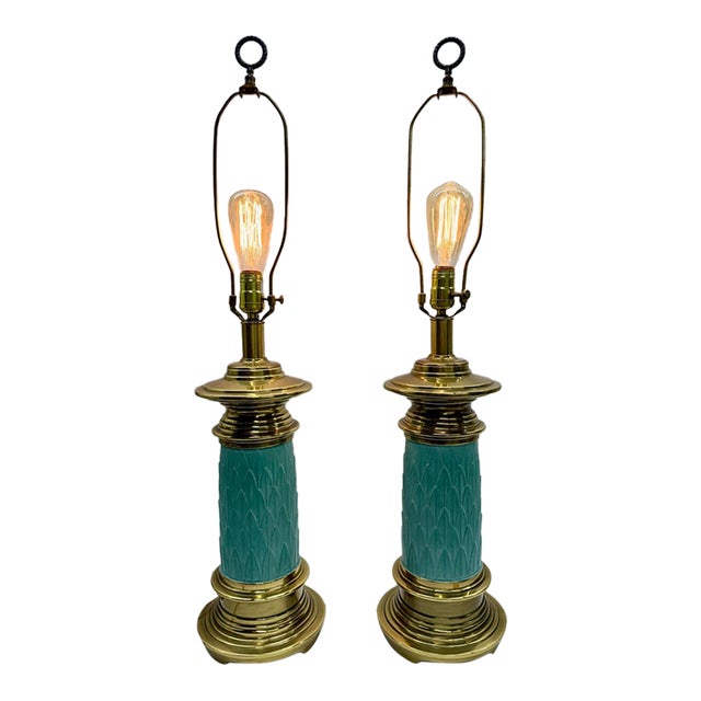 Mid 20th Century Hollywood Regency Turquoise Ceramic & Brass Column Lamps - A Pair For Sale