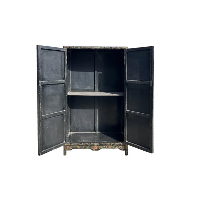 Vintage Oriental Black Lacquer Color Flower Vases Graphic Storage Cabinet For Sale - Image 4 of 11