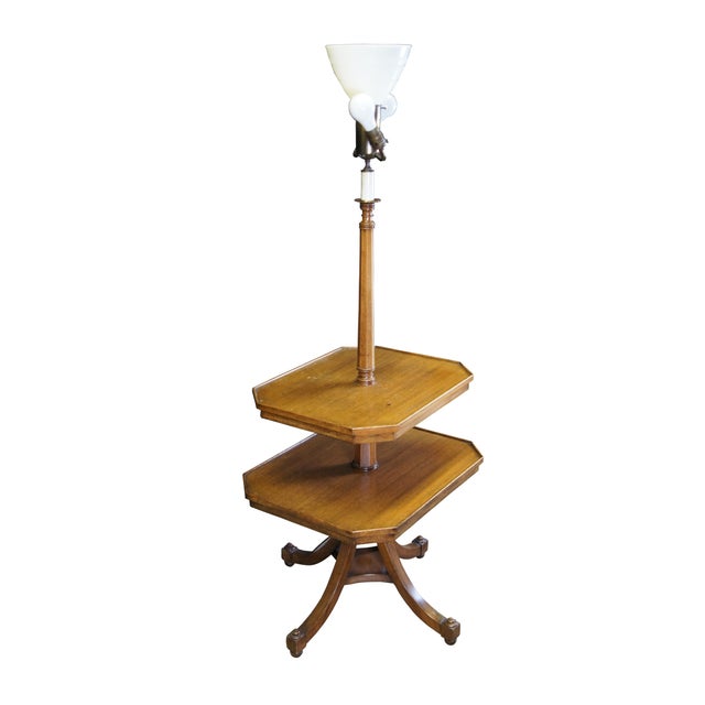 French Country Mid Century French Country Walnut Tiered 3 Light Torchiere Floor Lamp End Table For Sale - Image 3 of 12
