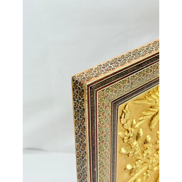 Persian Qajar-Style Gilded Metal Panel of Birds in Blossoms, Khatamkari Frame For Sale In Providence - Image 6 of 8