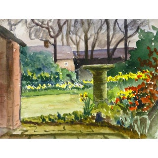 Joan Powell, English Watercolor Landscape - Garden Nook With Birdbath For Sale