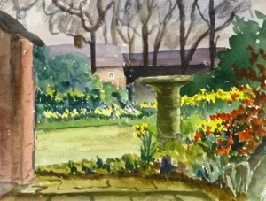 Joan Powell, English Watercolor Landscape - Garden Nook With Birdbath