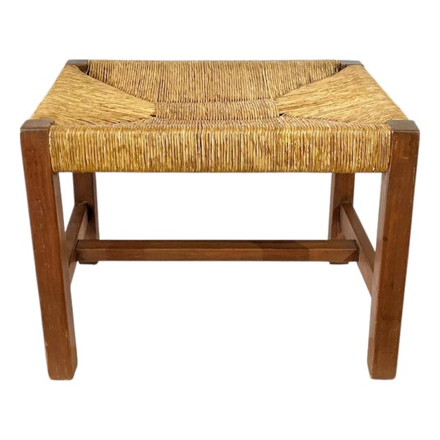 Antique Arts and Crafts Oak and Rush Seat Footstool For Sale