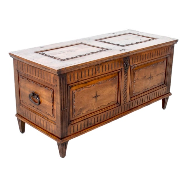 18th Century French Louis XVI Period Carved Walnut Coffer With Marquetry For Sale