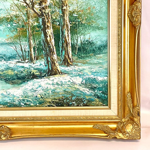 Wood 1982 Vintage Impressionist Original Oil Painting, Snowy Winter Creek Landscape, Framed. For Sale - Image 7 of 11