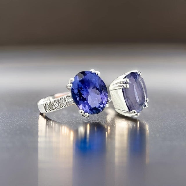 Natural Tanzanite Diamond Ring Size 6 14k W Gold 4 TCW Certified For Sale In New York - Image 6 of 13