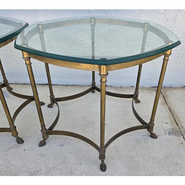 Labarge Vintage Labarge Side Tables Brass Glass Hoof Footed Octagonal Pair For Sale - Image 4 of 12