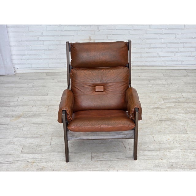 Brown Vintage Scandinavian Lounge Chair in Furniture Leather, 1970s For Sale - Image 8 of 18