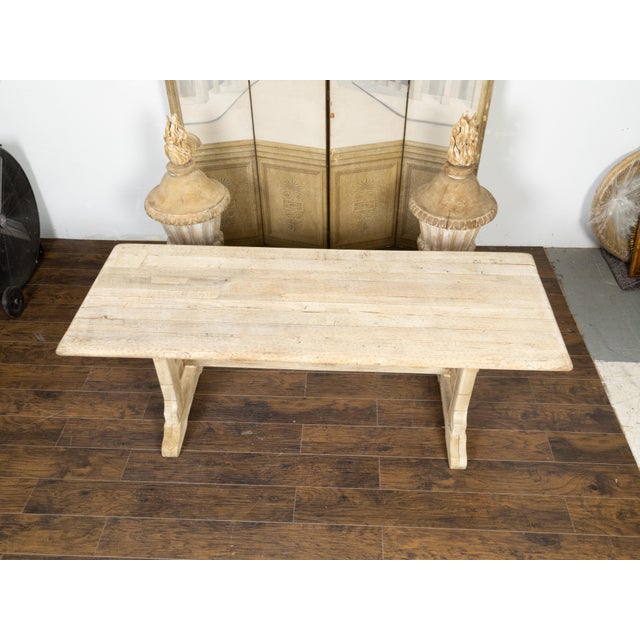 Wood Rustic English 19th Century Natural Wood Farm Table with Trestle Base For Sale - Image 7 of 11