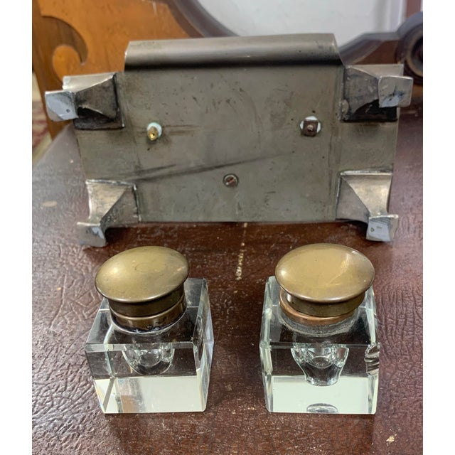 Early 20th Century Antique Double Crystal Inkwell With Bird Finial For Sale - Image 5 of 11