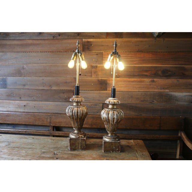 Italian Pair of Carved Wood Gilt Table Lamps With Fluted Urn Bases For Sale In Los Angeles - Image 6 of 18
