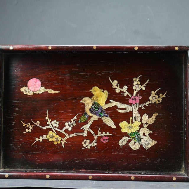 Brown Wooden Tea Tray With Mother-of-Pearl Bird and Floral Inlay For Sale - Image 8 of 9