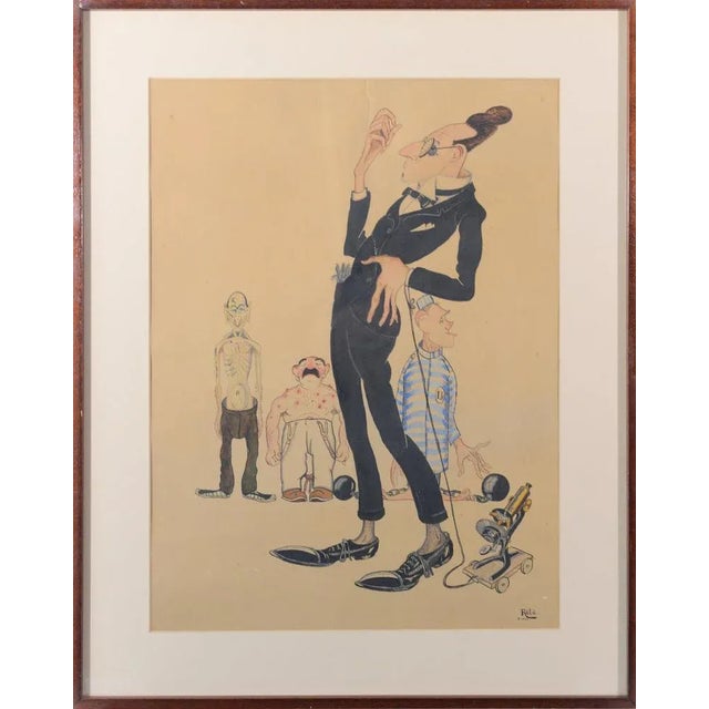 Framed original cartoon signed and dated 1926. Interesting and bizarre cartoon with a gent walking a microscope on a lead...