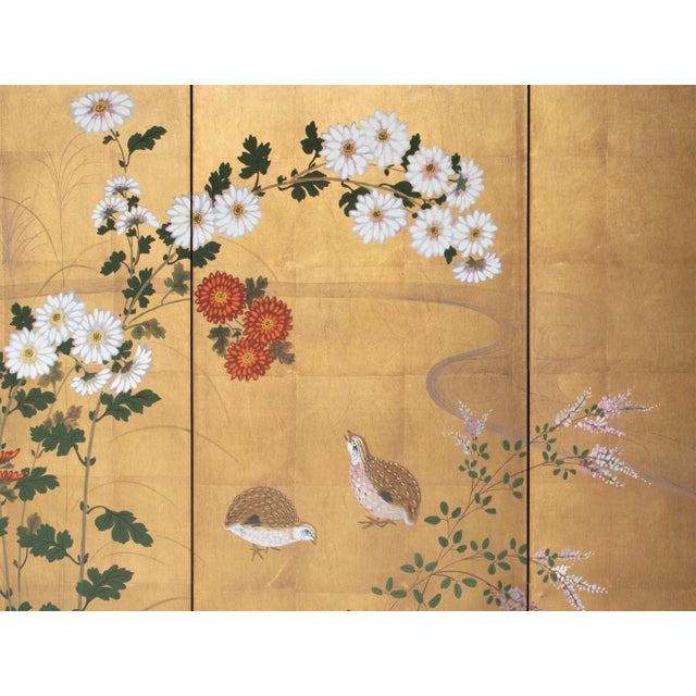 "Chrysanthemums and Quail" by Setsuga, 1980s Japanese Byobu Screen For Sale - Image 11 of 18
