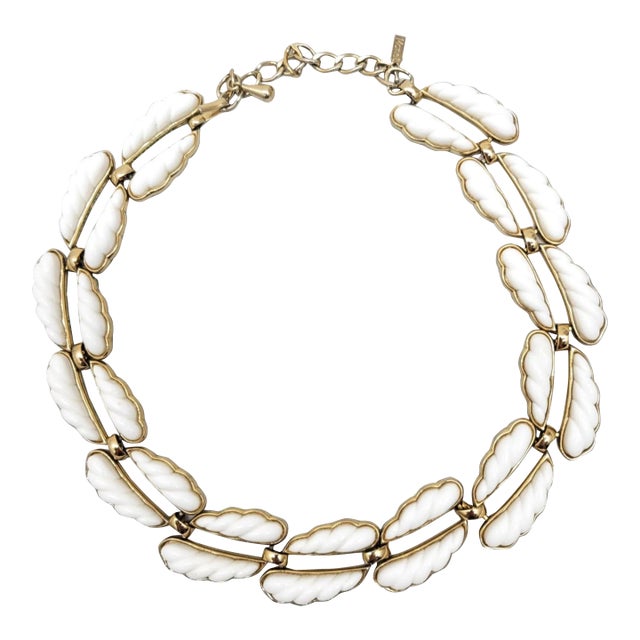 Vintage 1950s Signed Monet Goldtone & White Resin Collar Necklace For Sale