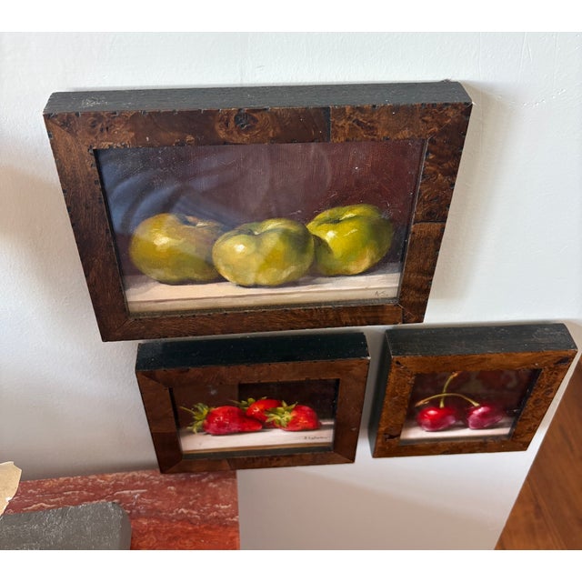 Three Original Amanda Selway British Still Lifes of Cherries, Strawberries and Green Apple Fruits in Custom Burl Wood Finished Frames For Sale - Image 4 of 13