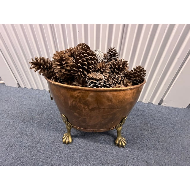 Metal Antique Copper & Brass Kindling and Wood Holder – Lion Head Ring Pulls & Claw Feet For Sale - Image 7 of 7