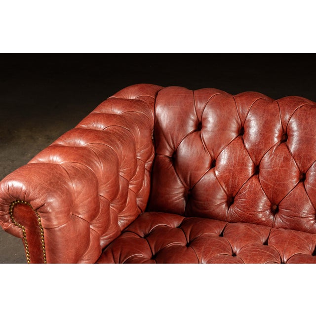 Maroon Vintage Burnt-Red Leather Tufted Chesterfield Sofa With Nailhead Trim For Sale - Image 8 of 18