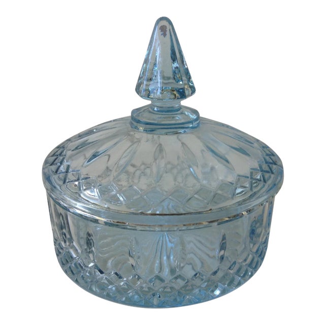 Vintage C.1960's Soft Baby Blue Glass Lidded Keepsake With Pointed Finial Top For Sale