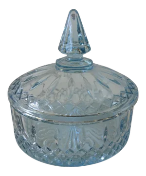 Vintage C.1960's Soft Baby Blue Glass Lidded Keepsake With Pointed Finial Top