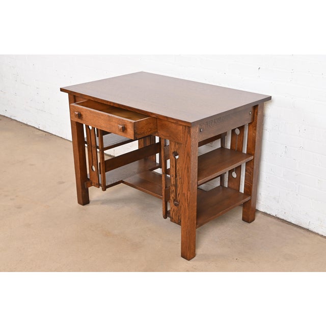 Wood Stickley Brothers Style Antique Mission Oak Arts & Crafts Desk With Built-In Bookcases, Newly Refinished For Sale - Image 7 of 12