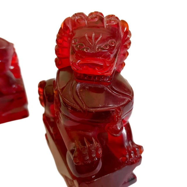 Pair of Vintage Chinese Cherry Amber Foo Dogs Temple Fu Lions Figurines For Sale - Image 6 of 8