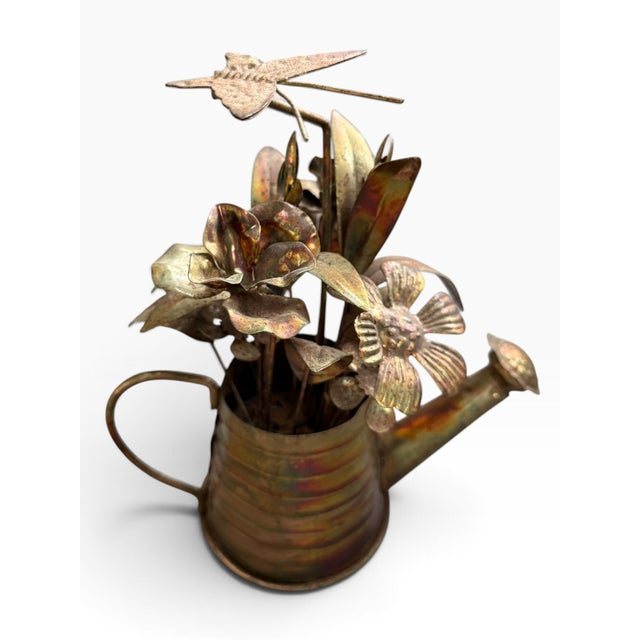 Whimsical vintage Berkeley Designs musical sculpture featuring a richly patinated copper-tone watering can overflowing...