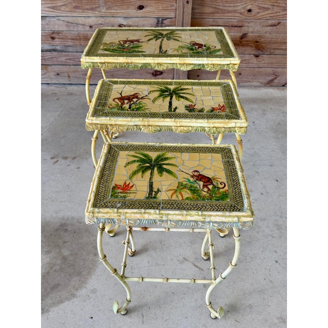Vintage Hollywood Regency Monkey Mosaic Stacking Nesting Tables – Set of Three For Sale - Image 11 of 12