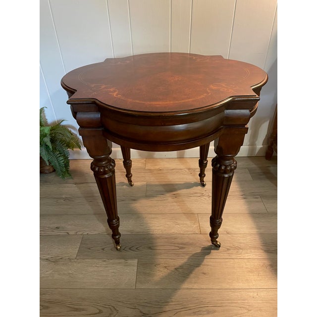 Mediterranean Ethan Allen Mediterranean Style Large Marquetry Accent Side Table With Casters For Sale - Image 3 of 15