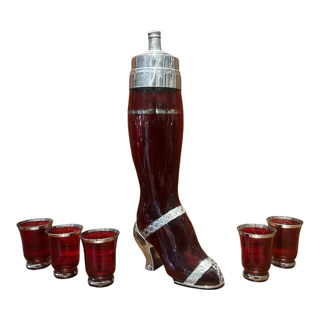 Rare 1937 "Shake a Leg" Ruby Glass Cocktail Shaker and Original 5 Glasses For Sale