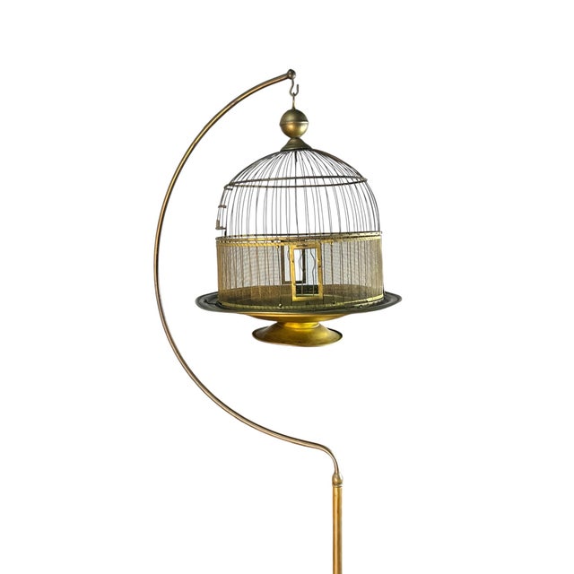 Transitional Antique Hendryx Brass Wire Hanging Dome Bird Cage With Stand For Sale - Image 3 of 10