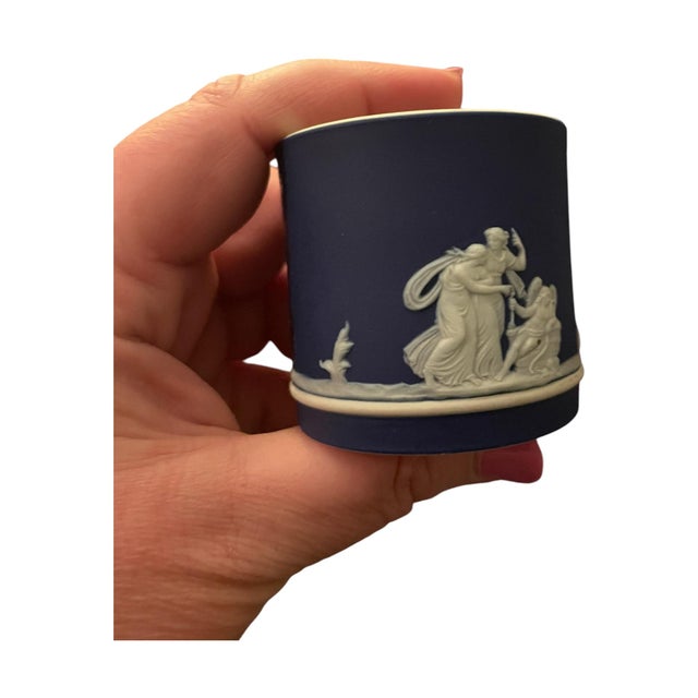 English Antique 19th/Early 20th Century Wedgwood Jasperware Demitasse Cup/Saucer Cobalt Blue For Sale - Image 3 of 12