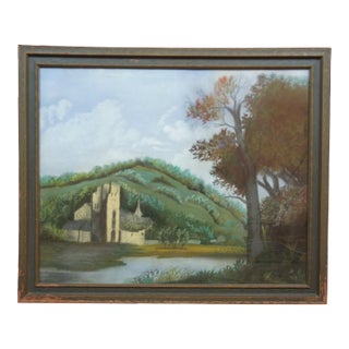 1950s German Castle River Landscape Pastel Drawing, Framed For Sale