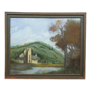 1950s German Castle River Landscape Pastel Drawing, Framed