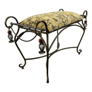1970s Italian Rope and Tassel Wrought Iron Bench, Newly Upholstered in Amber & Gray Marble Velvet For Sale