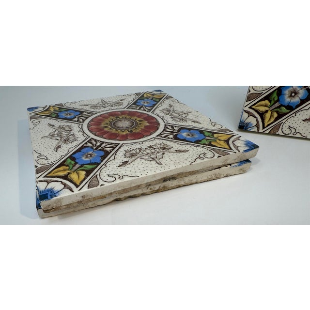 Victorian Antique English Glazed Ceramic Tiles With Florals, Polychrome Transfer Decoration, Set of 3 For Sale - Image 3 of 7