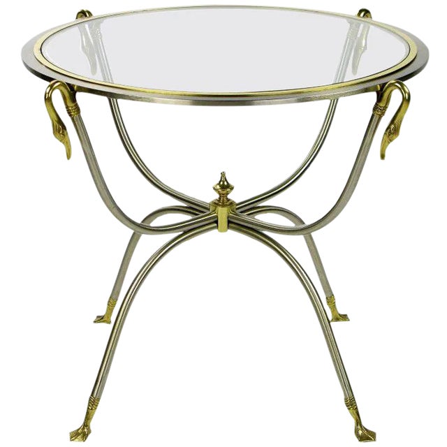 Italian Nickel and Brass End Table With Swan Motif For Sale