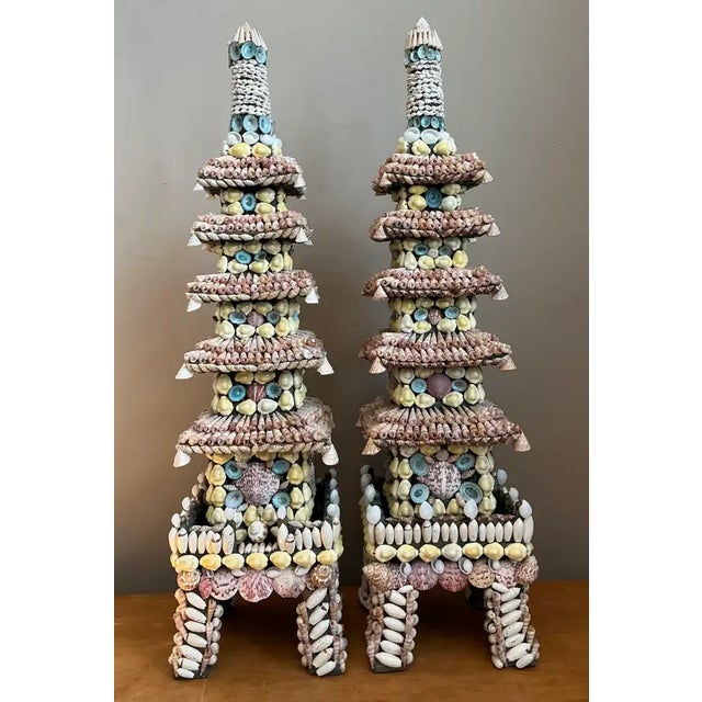 Cream Vintage Shell Encrusted Pagodas - A Pair For Sale - Image 8 of 12