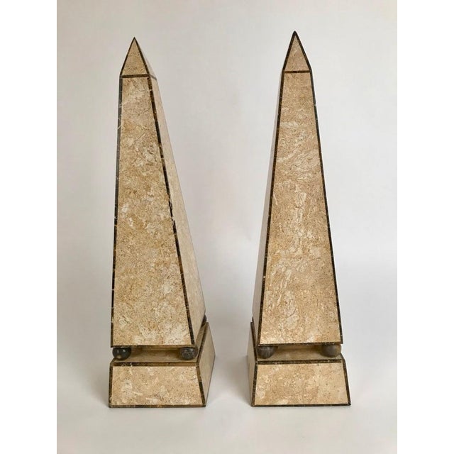 Wood Pair of Maitland Smith Style Obelisks with Travertine and Marble Veneer For Sale - Image 7 of 12