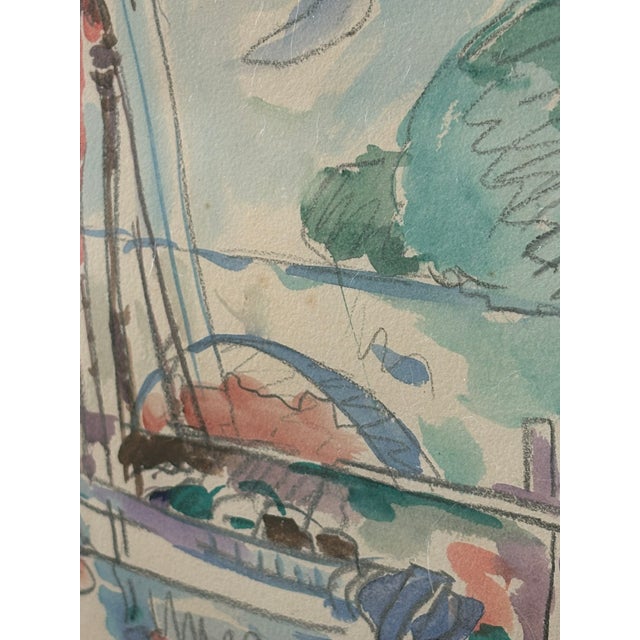 Paul Signac Style Mixed Media Sailboat Harbor Scene Framed Watercolor For Sale - Image 10 of 11