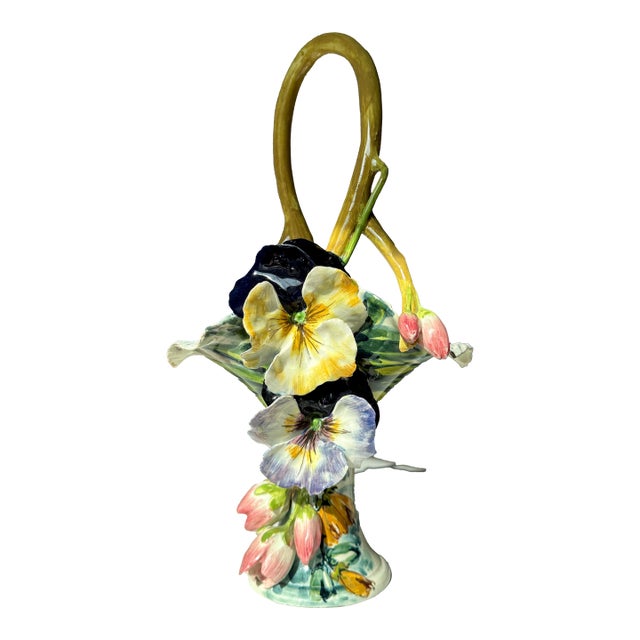 Mid 20th Century Italian Majolica Hand Painted Floral and Tulip Basket Vase For Sale